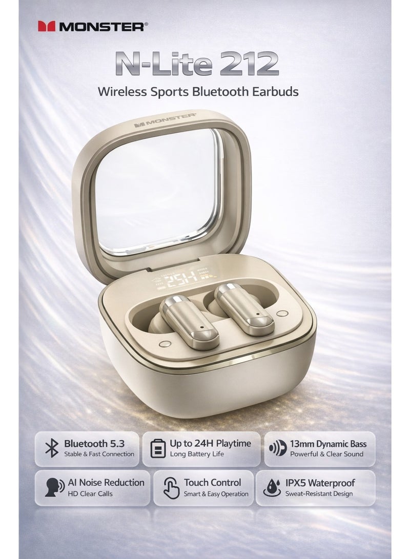 MONSTER-N-Lite 212 Wireless Sports Bluetooth Earbuds, 13mm Dynamic Bass, AI Noise Reduction HD Calls, Bluetooth 5.3, Touch Control, IPX5 Waterproof, 24H Battery Life - Image 1